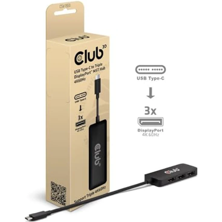 Club 3D CSV-1553 USB Typ C (DP Alt-Mode 2.1) auf DisplayPort Triple Monitor 4K60Hz MST Hub, Schwarz – Bild 3