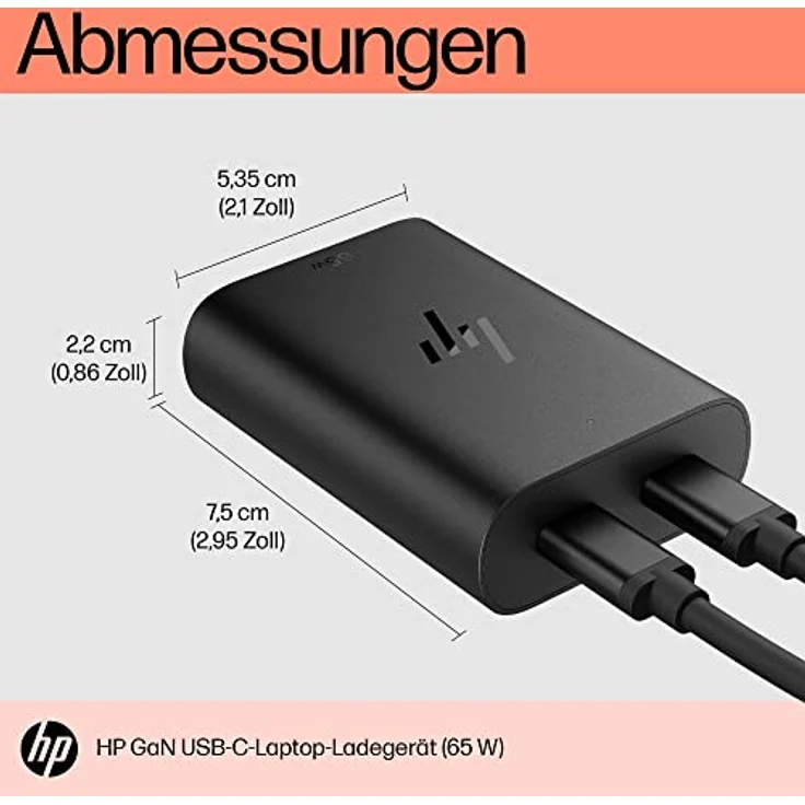 HP 65 W GaN USB-C-Laptop-Ladegerät | 2 x USB-C Anschlüsse | 75 x 53 x 22 mm (B x T x H) | 110 g | Galliumnitrid (GaN) | 65 W | Schwarz – Bild 5