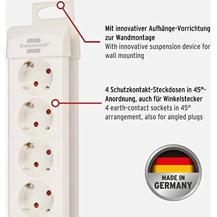 Brennenstuhl Premium-Line, Steckdosenleiste 4-fach (Steckerleiste mit Schalter und 1,8m Kabel - 45° Winkel der Schutzkontakt-Steckdosen, Made in Germany) weiß – Bild 2