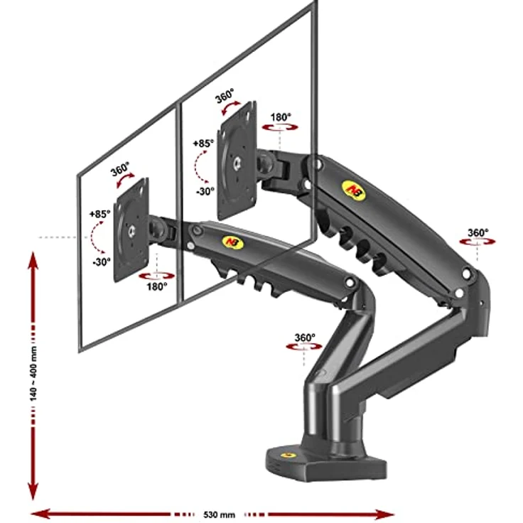 Ergosolid Desktop-Halterung für 2 PC-Bildschirme (17-27 Zoll), verstellbar in Mehreren Achsen, Drehgelenk, Gasfeder bis 2 x 9 kg, F160VAR – Bild 3