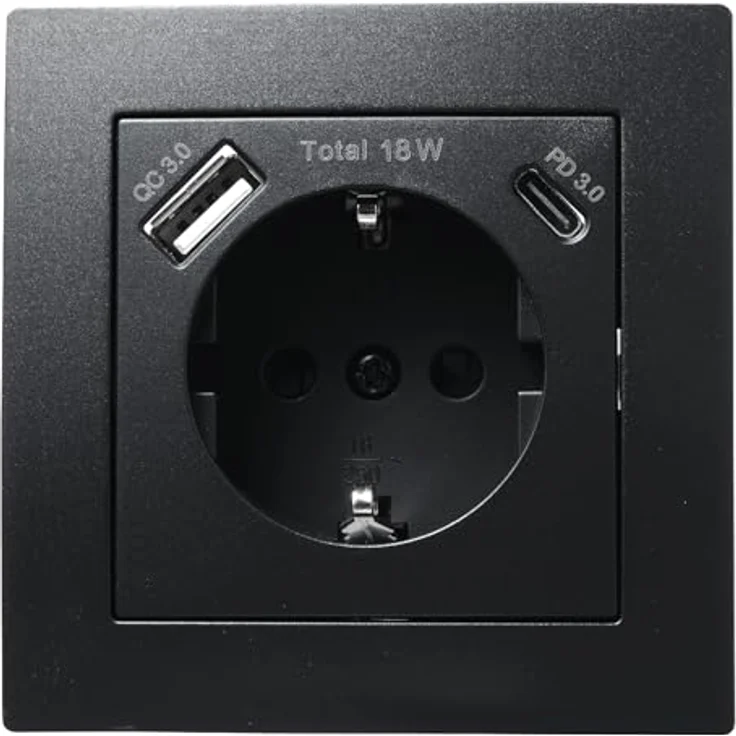 McPower Unterputz Steckdose mit 1x USB-C - 18W Quickcharge + 1x USB-A | FLAIR | 250V~/16A, matt Schwarz – Bild 1