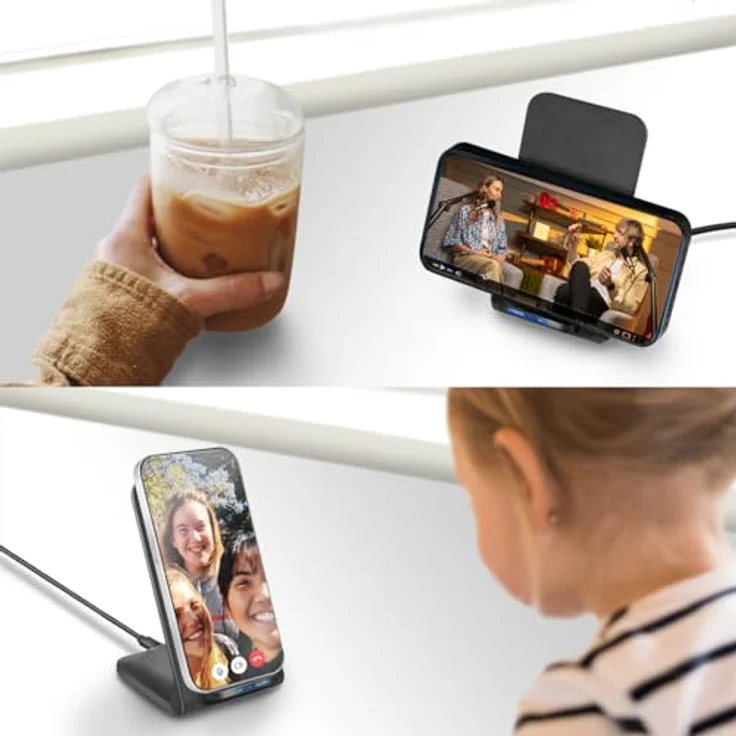 Logilink Smartphoneständer mit kabelloser Ladefunktion, 2 Spulen, für 4–7" große Qi-fähige Geräte, einstellbare Betrachtungswinkel, Schwarz – Bild 5