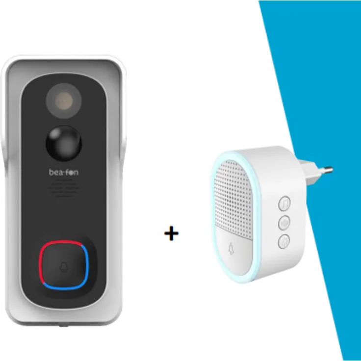 Beafon Visitor 2V - Set Outdoor Videotürklingel mit Winkeladapter + Indoor Glocke Chime, IP 54, 3MP Kamera, 6700 mAh Akku, 145° Weitwinkel