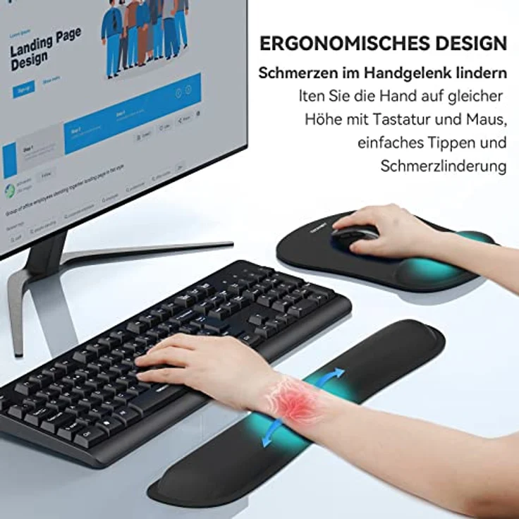 TeckNet Tastatur-Handballenauflage und Mauspad mit Handgelenkstütze, Memory-Schaumstoff-Set für Computer/Laptop/Mac, leicht für einfaches Tippen und Schmerzlinderung, ergonomisches Mauspad schwarz – Bild 4