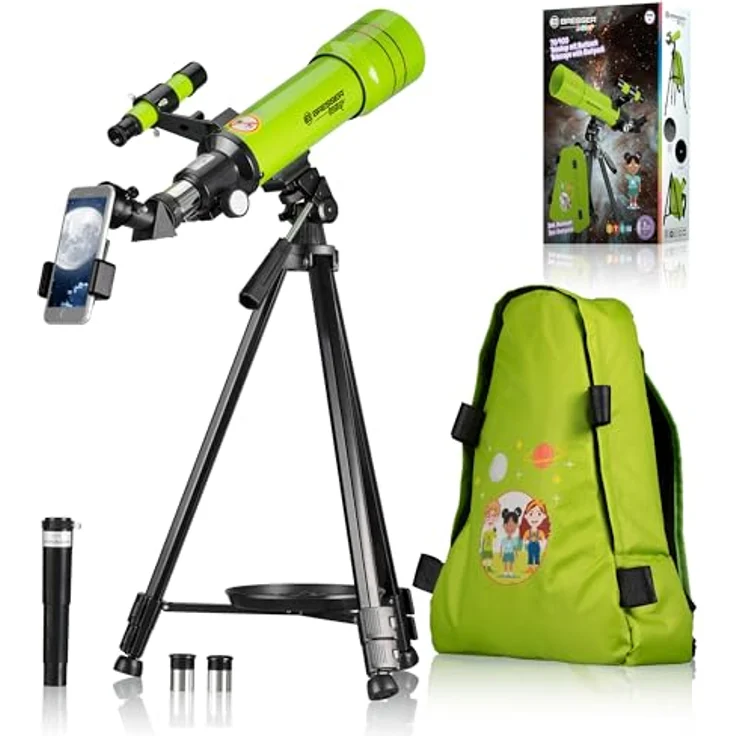 BRESSER junior Linsenteleskop 70/400 mit Rucksack grün, Teleskop für Kinder mit 20x-100x Vergrößerung und Smartphone-Halterung – Bild 2