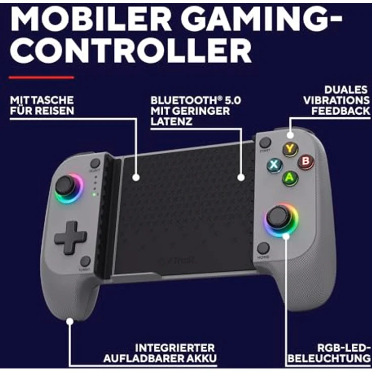 Trust GXT735G Mylox, Wireless Gaming Controller für Android und iOS mit Bluetooth 5.0, dualem Vibrationsfeedback, RGB-LED-Tasten, grau – Bild 2