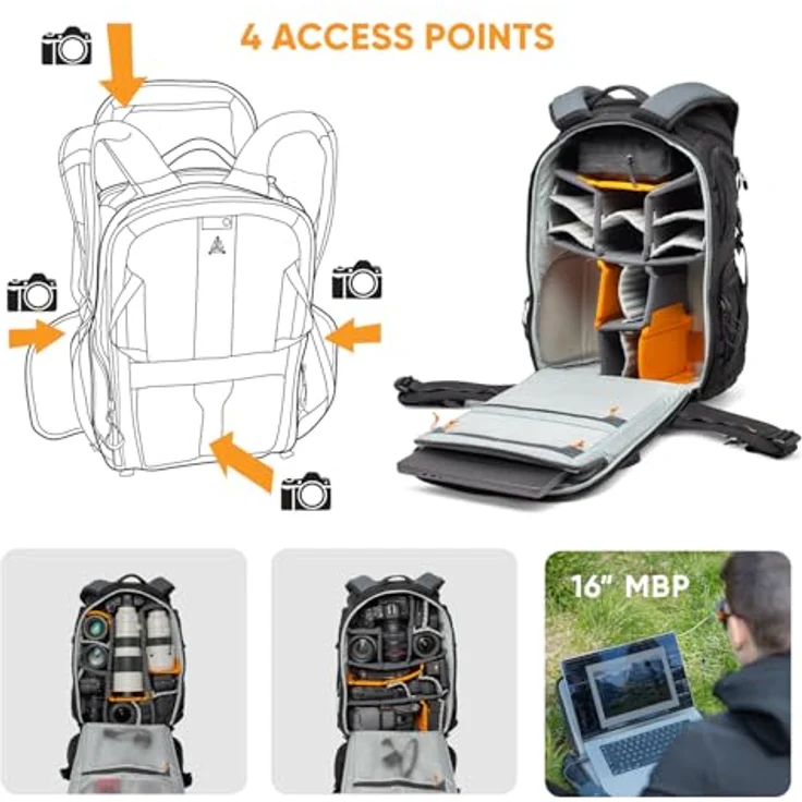 Lowepro ProTactic BP 450 AW III Kamerarucksack, 4 Zugriffspunkte, für Fotografen/Videografen, Volumen 28 l, mit Regenhaube, recyceltes Gewebe (GREEN LINE) – Bild 3