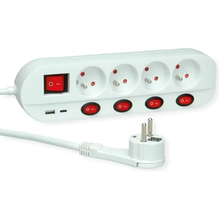 ROLINE 4-fach Steckdosenleiste, UTE Version mit Schalter, 3 m Kabel, 2x USB-Charger A+C, weiß, einzeln schaltbare Steckdosen