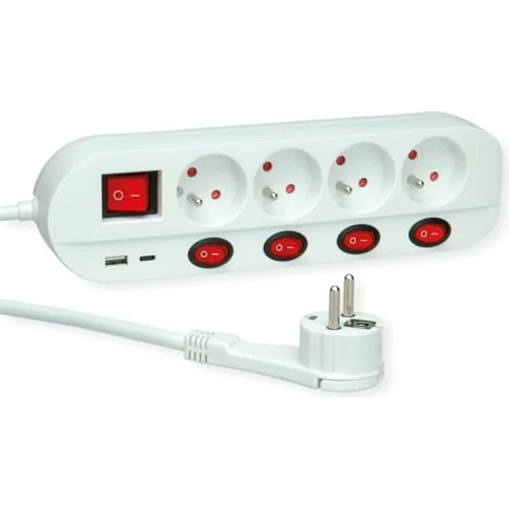 ROLINE 4-fach Steckdosenleiste, UTE Version mit Schalter, 3 m Kabel, 2x USB-Charger A+C, weiß, einzeln schaltbare Steckdosen – Bild 1