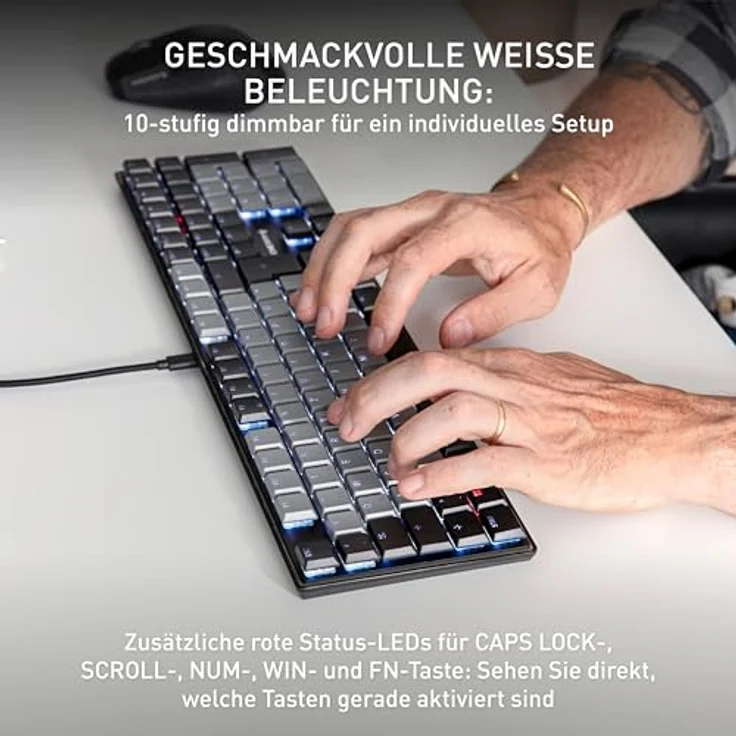 CHERRY KC 500 MX LP, Mechanische Low-Profile-Tastatur, Kabelgebunden (USB-A), Deutsches Layout (QWERTZ), Weiße Beleuchtung, MX LP 2.0 Ivory Switches, Schwarz – Bild 4