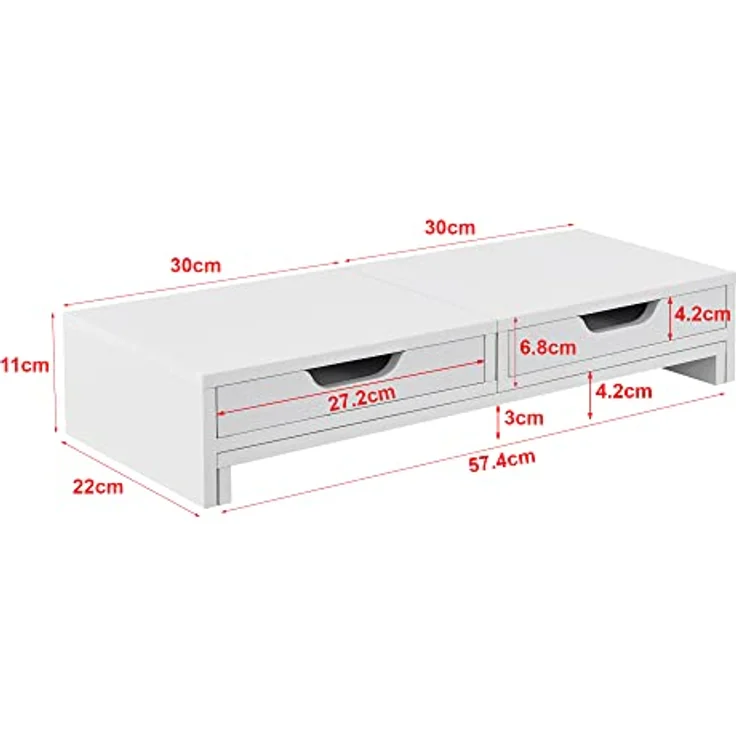 en.casa Marttila Monitorständer, Monitorerhöhung mit 2 Schubladen, 60x22x11cm, Weiß, ergonomische Bildschirmpositionierung, Platzsparend – Bild 4