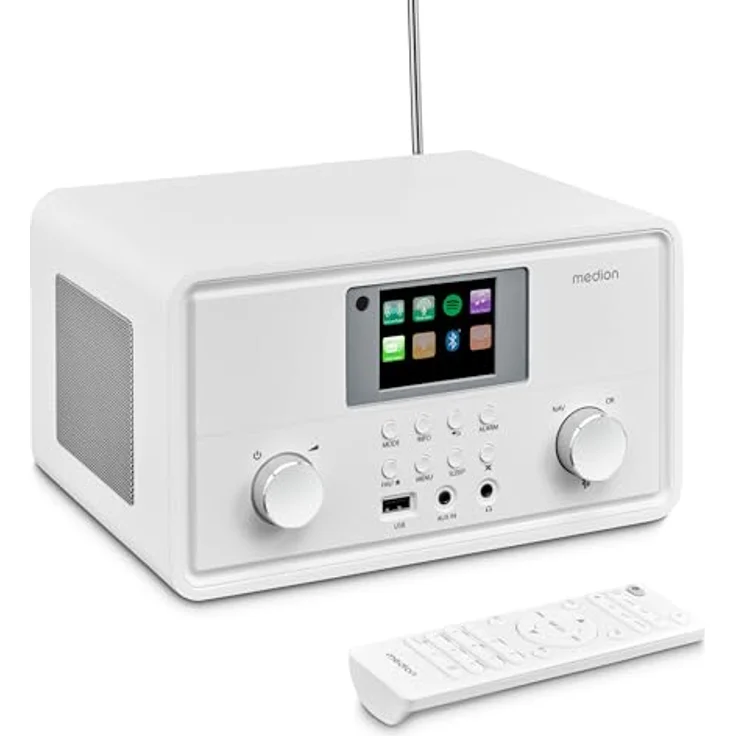 MEDION P85027 Internetradio (DAB Plus, UKW Radio, Spotify Connect, WLAN, Bluetooth, Streaming, Equalizer, Farbdisplay, USB, AUX, Wecker, Schlummerfunktion, Sleep Timer) weiß – Bild 1