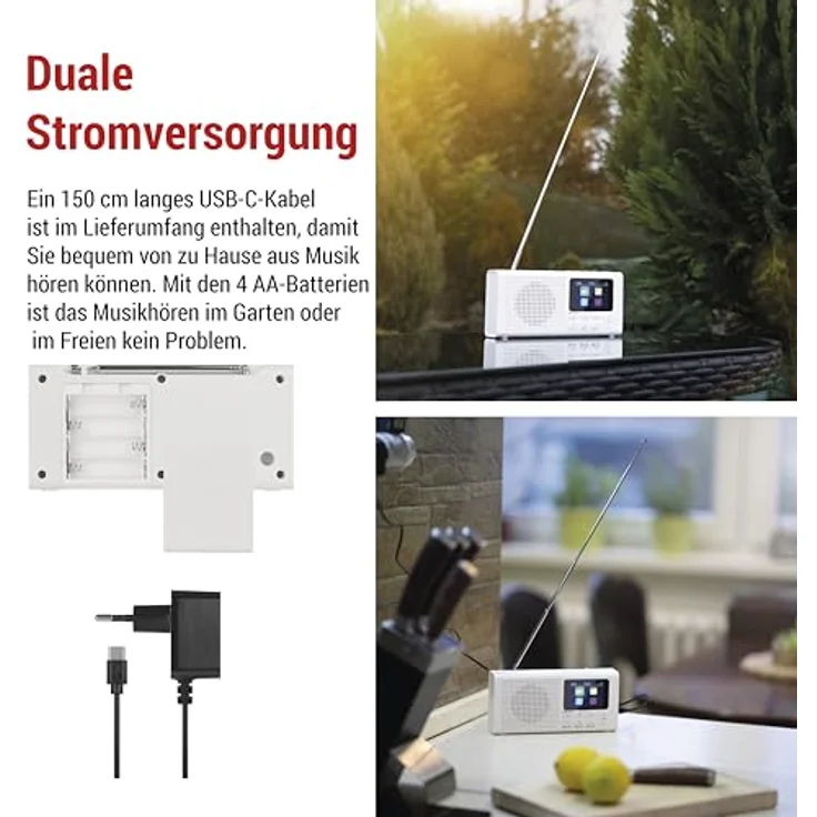 EMOS E0091 DAB+ Radio mit Bluetooth und Dual-Stromversorgung, tragbares Digitalradio mit Wecker, Sleeptimer, 40 Speicherplätzen und TFT LCD Farbdisplay, Weiß – Bild 3