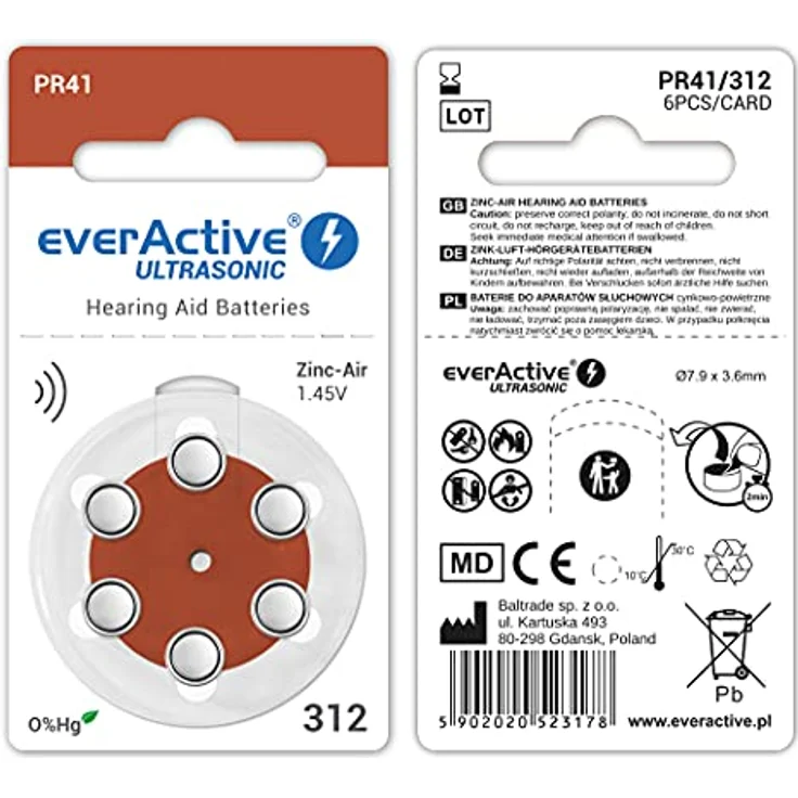 everActive 312, 6 Stück, Hörgerätebatterien, hohe Leistung, Zink-Luft-Batterien, 1 Blisterkarte, 4-jährige Haltbarkeit, braun, Ultrasonic PR41 – Bild 3
