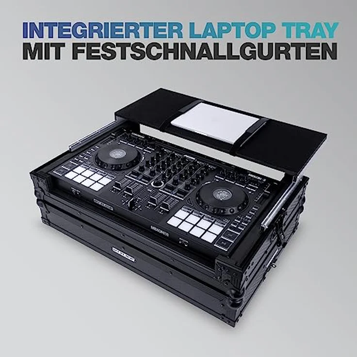 Reloop Premium Large Controller Case, handgefertigtes DJ Controller Case aus robustem Holz und hochwertigem Aluminium mit integriertem Laptop Tray und gefederten Transportgriffen – Bild 3
