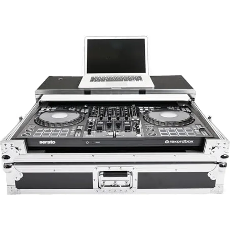 Magma DJ-Controller-Workstation DDJ-FLX10, Flightcase aus vinyllamiiniertem Sperrholz mit integrierter Laptop-Plattform und Kabelzugangsanschluss