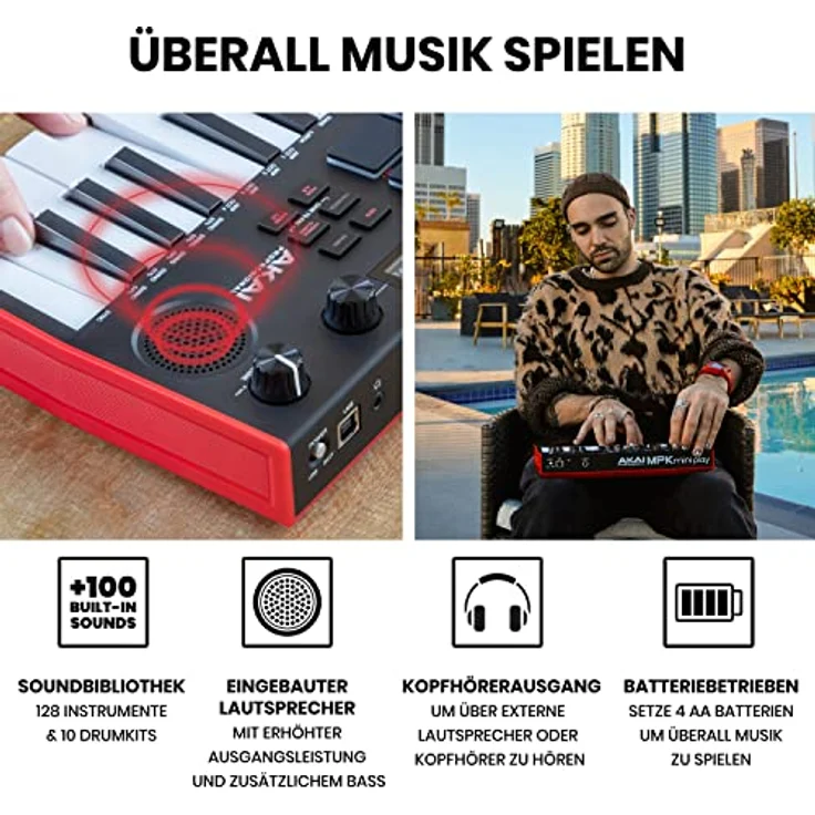 AKAI Professional MPK Mini Play MK3 - MIDI Keyboard Controller mit eingebautem Lautsprecher und Sounds, dynamische Klaviatur, MPC Pads und Software – Bild 3