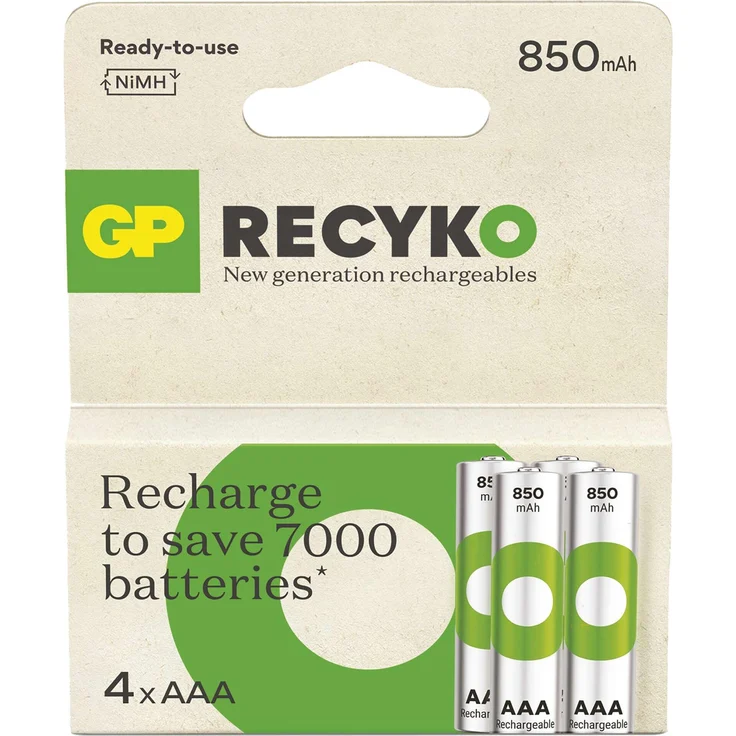 GP Batteries ReCyko 850, Wiederaufladbare AAA NiMH Batterie mit 850 mAh, 4er Pack
