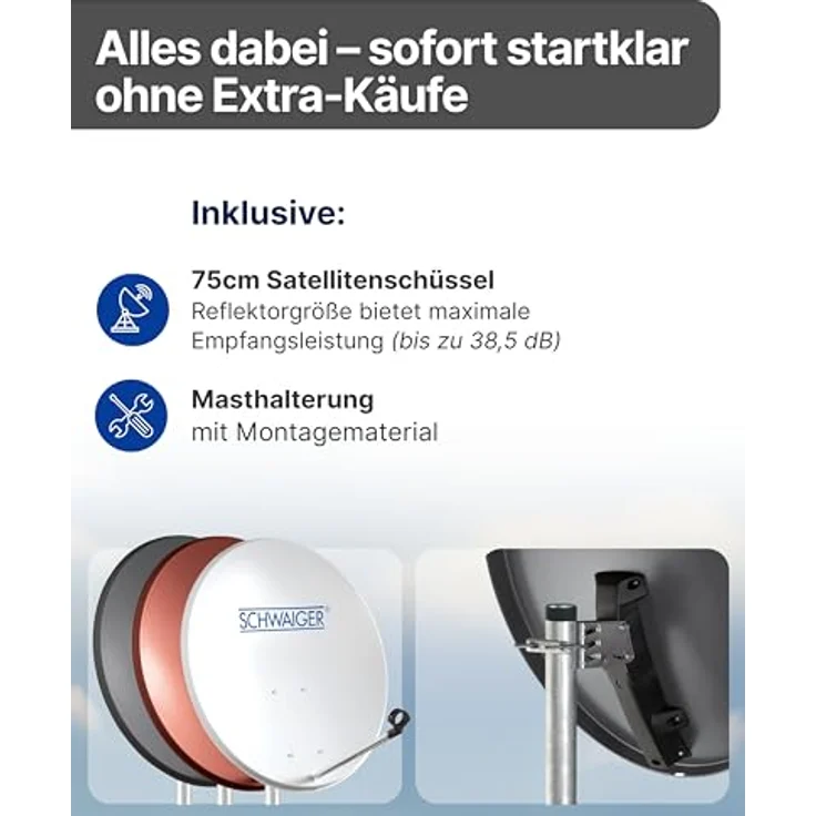 SCHWAIGER Satellitenschüssel Ø 80 cm, Wetterfeste Offset Antenne in anthrazit, Multifeed geeignet mit LNB Tragarm & Masthalterung, maximale Empfangsleistung 38,5 dB – Bild 3