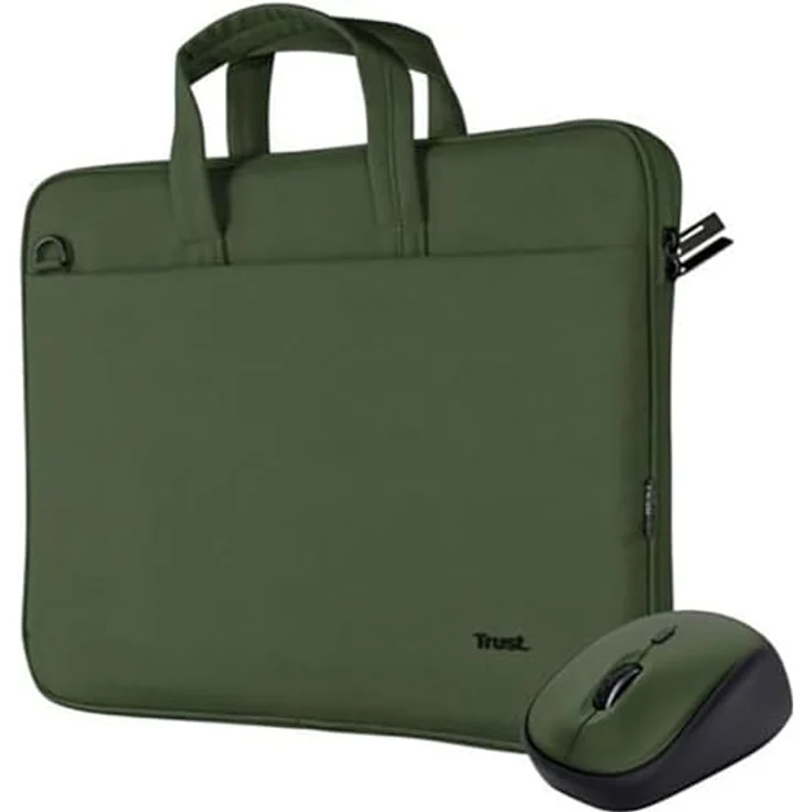 Trust Bologna Laptoptaschen-Maus-Set, Slim Eco Tasche bis 16 Zoll mit Schultergurt und leiser Funkmaus (800-1600 DPI), Grün – Bild 1