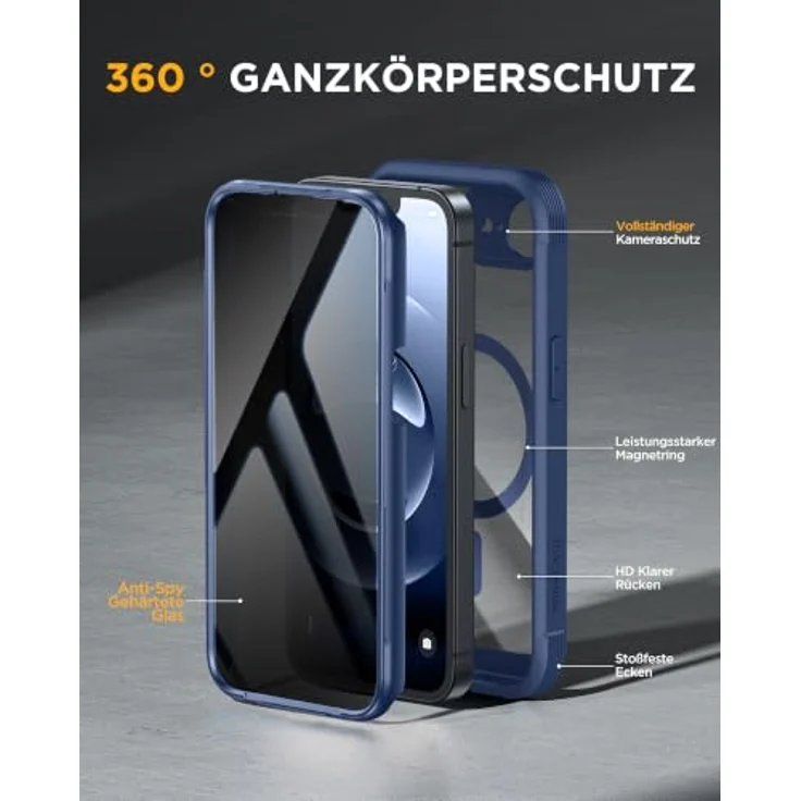 Miracase Sichtschutz Hülle für iPhone 17e / iPhone 16e mit integriertem Anti-Spy Gehärtet Glas, Stoßfest und Kratzfest, MagSafe-kompatibel, Blau – Bild 3