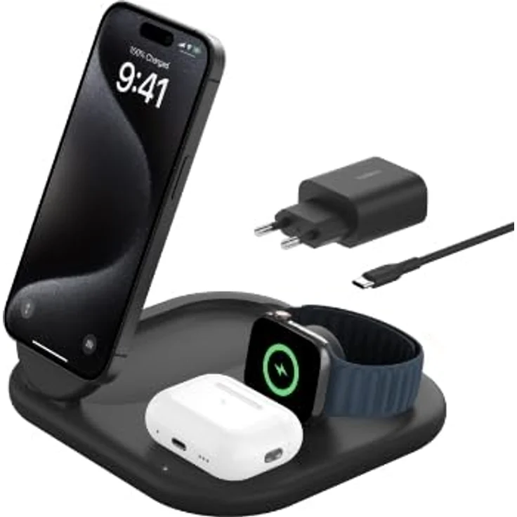 Belkin BoostCharge 3-in-1 15 W magnetisch, einklappbar Wireless Charger, iPhone 16/15/14/13/12, Apple Watch, AirPods, weiß – Bild 4