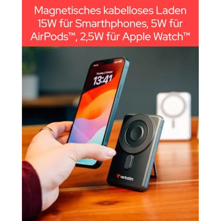 Verbatim Charge 'n' Go 2C Powerbank, 5000mAh, kabelloses Laden mit Ständer, grau – Bild 7
