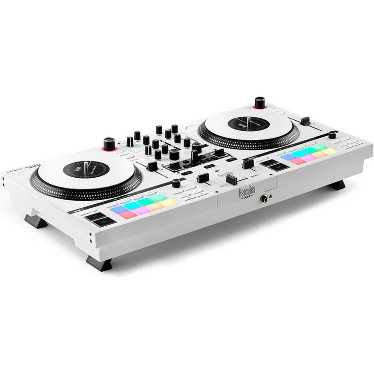 HERCULES DJController Inpulse T-7 Weiss, DJ-Controller mit motorbetriebenen Decks, 16 Performance Pads, Touch-erkannten Jogwheels und Beat Matching Feature