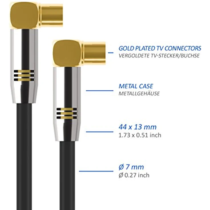 deleyCON 1,5m TV Antennenkabel PREMIUM HDTV Full HD - 2x gewinkelt - Koaxialkabel - TV-Stecker (90° Grad) zu TV-Buchse (90° Grad) - Schwarz - METALL – Bild 5