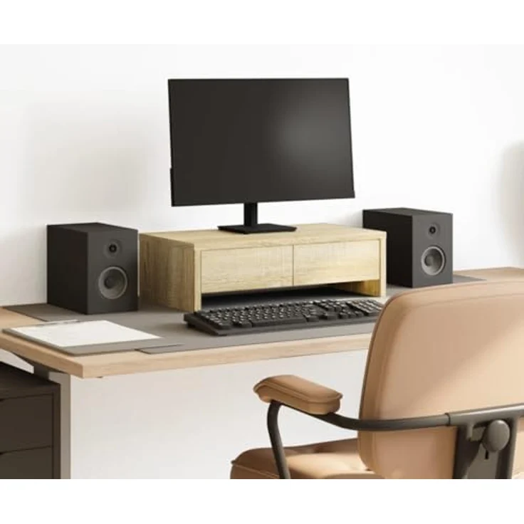 vidaXL Monitorständer, Schreibtischaufsatz mit Schubladen, Unterbau Bildschirm Laptop Ständer, Tisch Erhöhung für PC Monitor Drucker, Sonoma-Eiche Holzwerkstoff – Bild 2