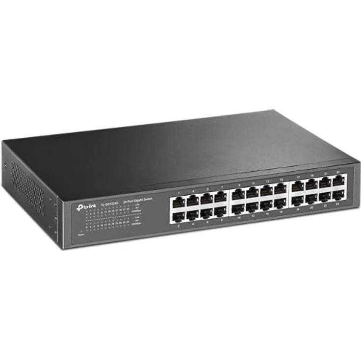 TP-Link TL-SG1024D 24 Port Gigabit Netzwerk Switch, Rackmount, 48 Gbit/s Switching-Kapazität, 24 RJ-45 Ports, Metallgehäuse, IGMP-Snooping, unmanaged, Plug-and-Play, schwarz – Bild 1