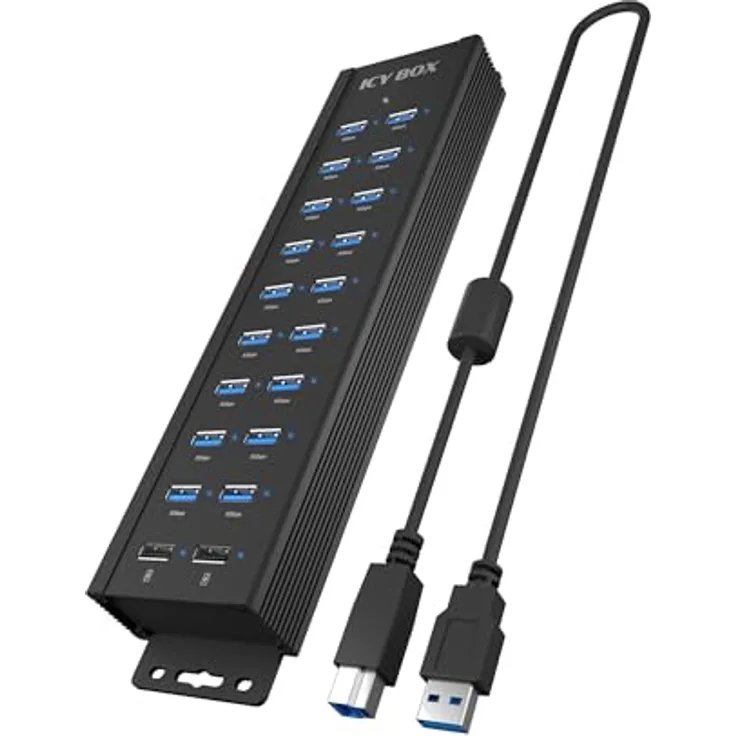 ICY BOX IB-HUB1720-U3, 20-Port USB 3.2 Gen 1 Hub mit 12 V / 3 A Stromadapter, Aluminiumgehäuse und 2 USB-Ladeports