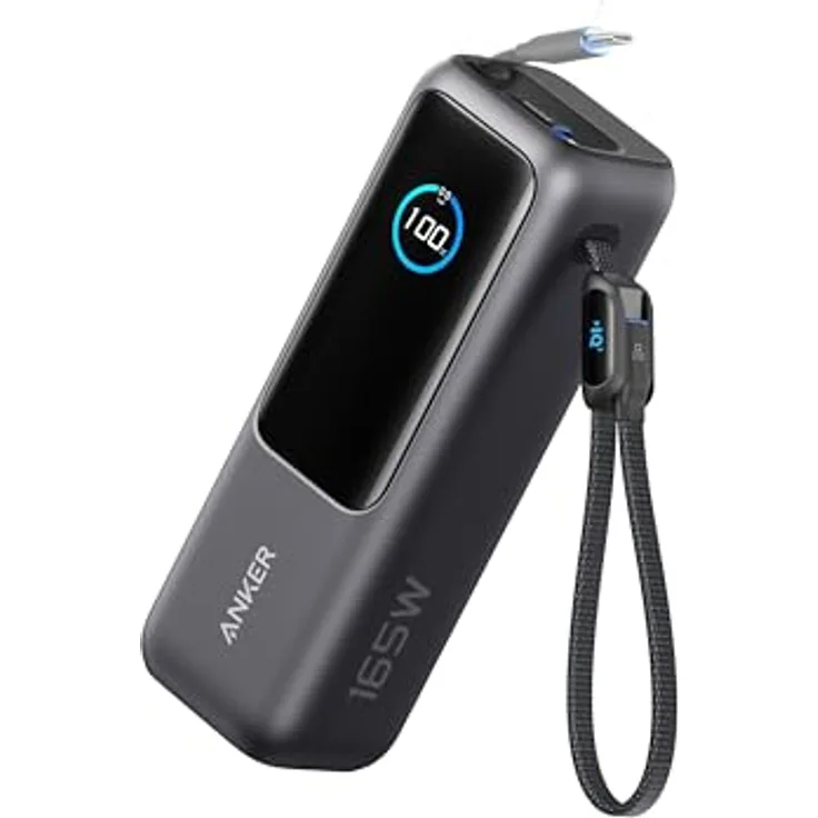 Anker Laptop Powerbank, 25.000mAh externer Akku mit 3X 100W USB-C Ports, Integriertes + einziehbares Kabel, Für iPhone 16/15, MacBook, Samsung - Schwarz