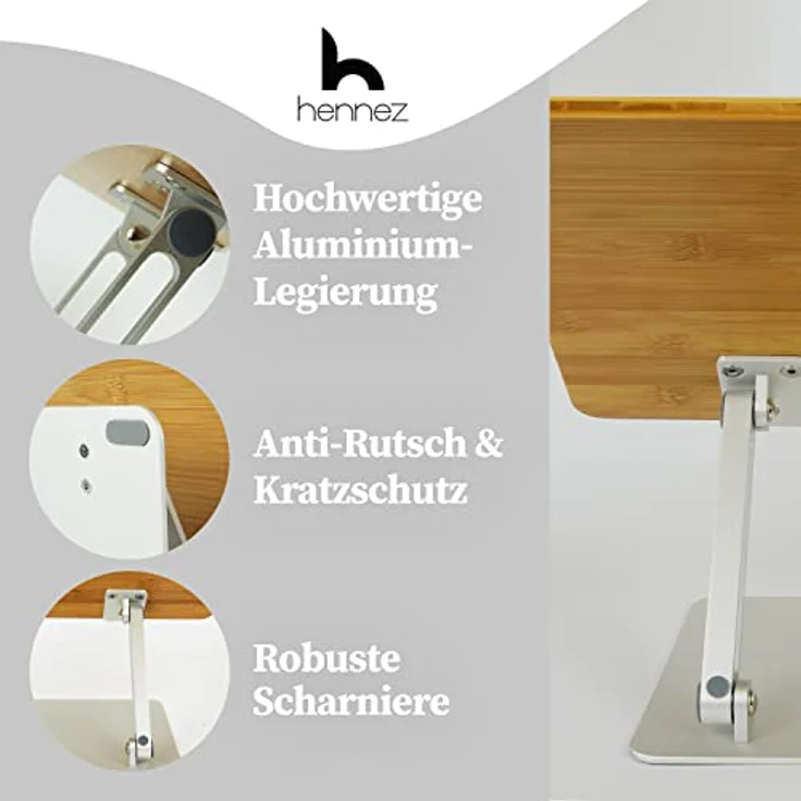 HENNEZ Laptop Ständer Holz höhenverstellbar, ergonomische Notebook Halterung mit Anti-Rutsch-Funktion, klappbar und stabil, universelle Größe für MacBook und iPad – Bild 2