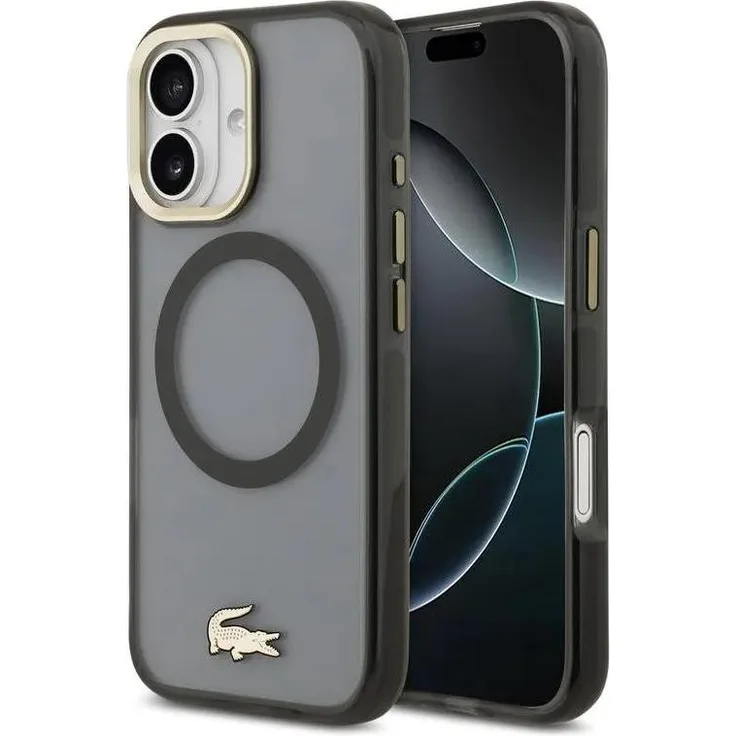 Lacoste MagSafe Case für iPhone 17, Handyhülle aus PC/TPU, gold und schwarz, elegantes Design mit MagSafe-Kompatibilität