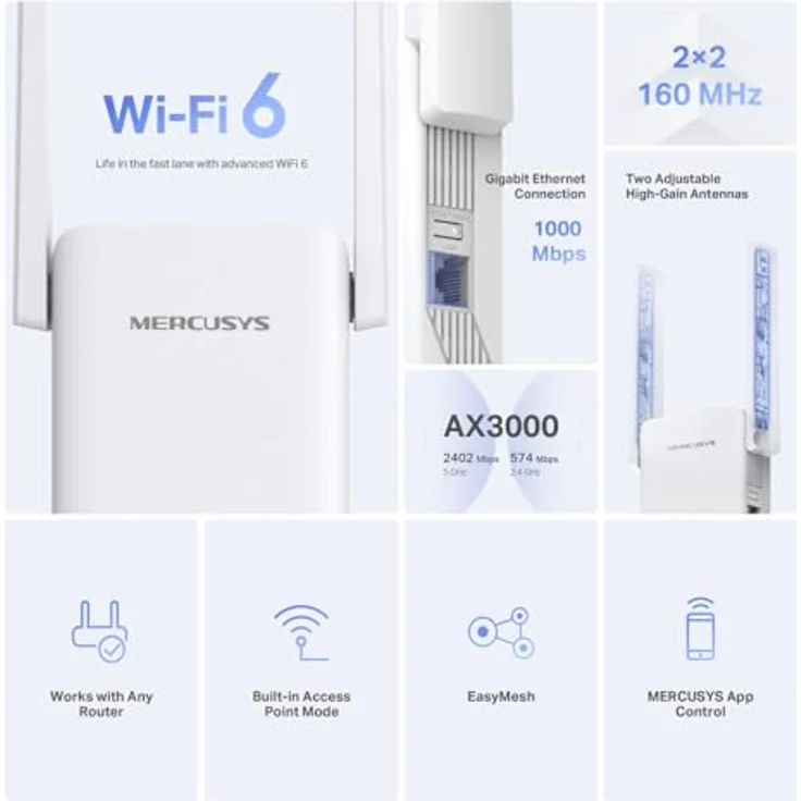 Mercusys ME80X AX3000, WLAN Repeater mit 2402 Mbit/s im 5-GHz-Band, integrierter Access Point und WPS-Funktion – Bild 3