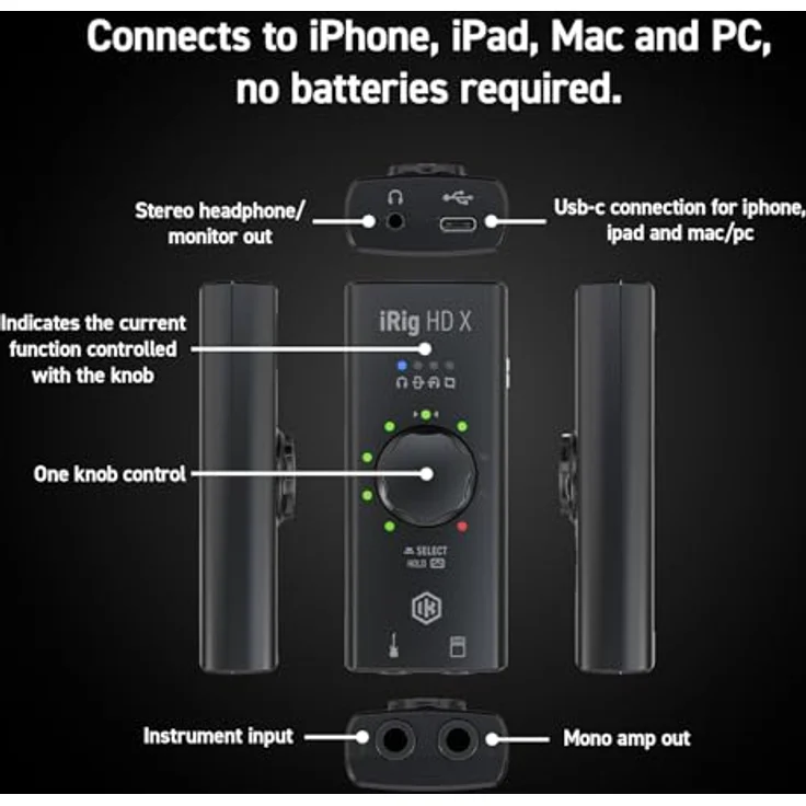 IK Multimedia iRig HD X Gitarren-Interface, High-Definition Digital-Gitarren-Schnittstelle mit Multi-Color LED Signalanzeige, integriertem Stimmgerät, kompatibel mit iPhone, iPad, Mac und PC, inkl. USB-C und Lightning Kabel – Bild 5