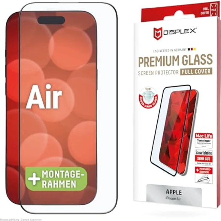 Displex Real Glass Full Cover für iPhone Air, volle Displayabdeckung, gehärtetes Glas, kratzfest, hüllenfreundlich, Montagerahmen – Bild 1