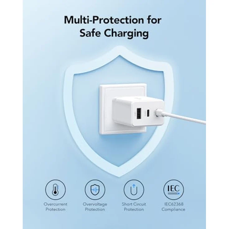 Cudy CH67, USB-C-Ladegerät 67 W, 3 Anschlüsse (2 Typ-C, 1 USB-A), Schnellladung QC/PD 3.0, kompaktes Design für iPhone, iPad, Samsung, Xiaomi, Oneplus, Sony – Bild 5