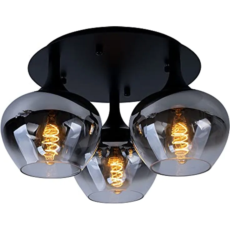 Globo Deckenleuchte Rauchglas Esszimmerleuchte rund Glaskugel Schlafzimmer, Metall schwarz, 3x E27, DxH 45x25,5 cm