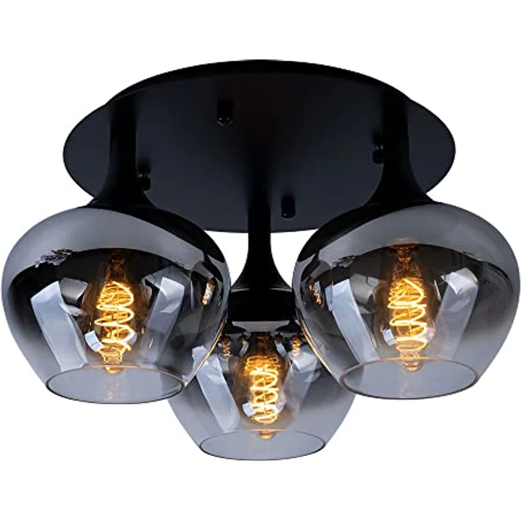 Globo Deckenleuchte Rauchglas Esszimmerleuchte rund Glaskugel Schlafzimmer, Metall schwarz, 3x E27, DxH 45x25,5 cm – Bild 1