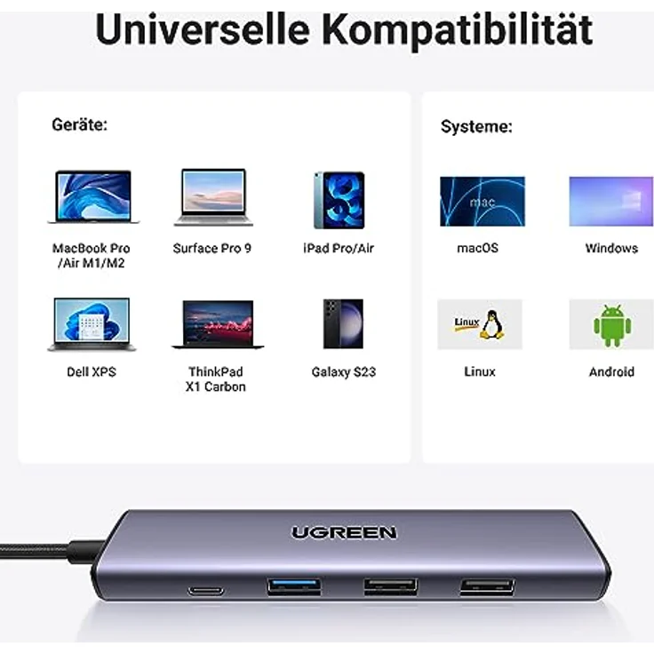 UGREEN USB-C® Dockingstation CM478, HDMI und USB-A Anschlüsse, 4K @ 30Hz, 100W Power Delivery, Plug-and-Play – Bild 9