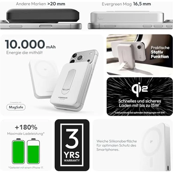 VONMÄHLEN Evergreen Mag, 10.000 mAh Qi2-Powerbank mit Kickstand, 15W kabelloses Laden, 20W USB-C, integrierter Standfuß, LCO-Akku, 3 Jahre Garantie – Weiß – Bild 3