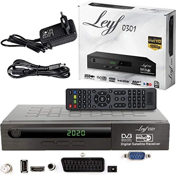 Leyf Satellite Receiver PVR Recording Function Digital Satellite Receiver (HDTV, DVB-S/DVB-S2, HDMI, SCART, 2X USB, Full HD 1080p) [Pre-Programmed for Astra, Hotbird and Türksat] + HDMI Cable