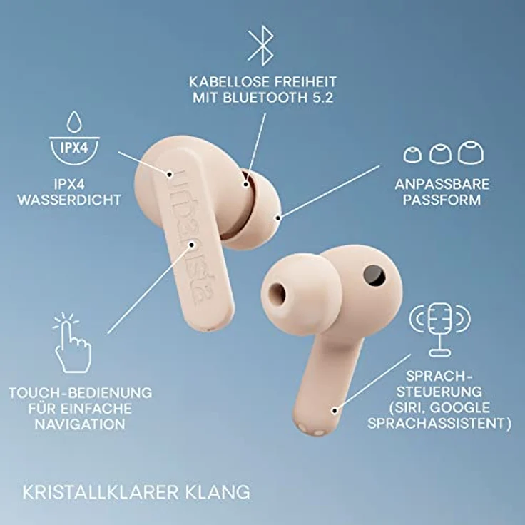 Urbanista Phoenix Solar Powered In Ear Bluetooth Kopfhörer Noise Cancelling, Hybrid ANC, Unendliche Spielzeit, Multipoint Earbuds, Ladecase kabellos und selbstaufladend mit Licht, Wüstenrose – Bild 4
