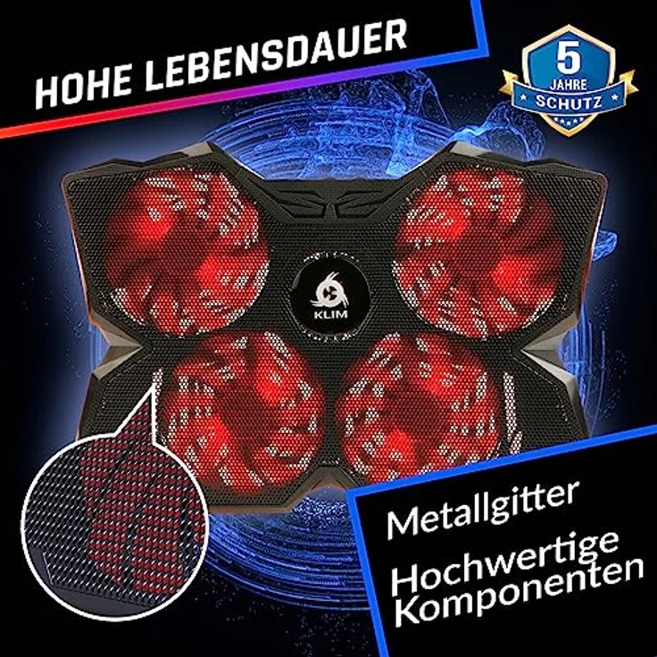 KLIM Wind Laptop Kühler - Cooling Pad mit 4 Lüftern, USB Powered, stabil und leise, kompatibel mit 15-17 Zoll Laptops, rot – Bild 4