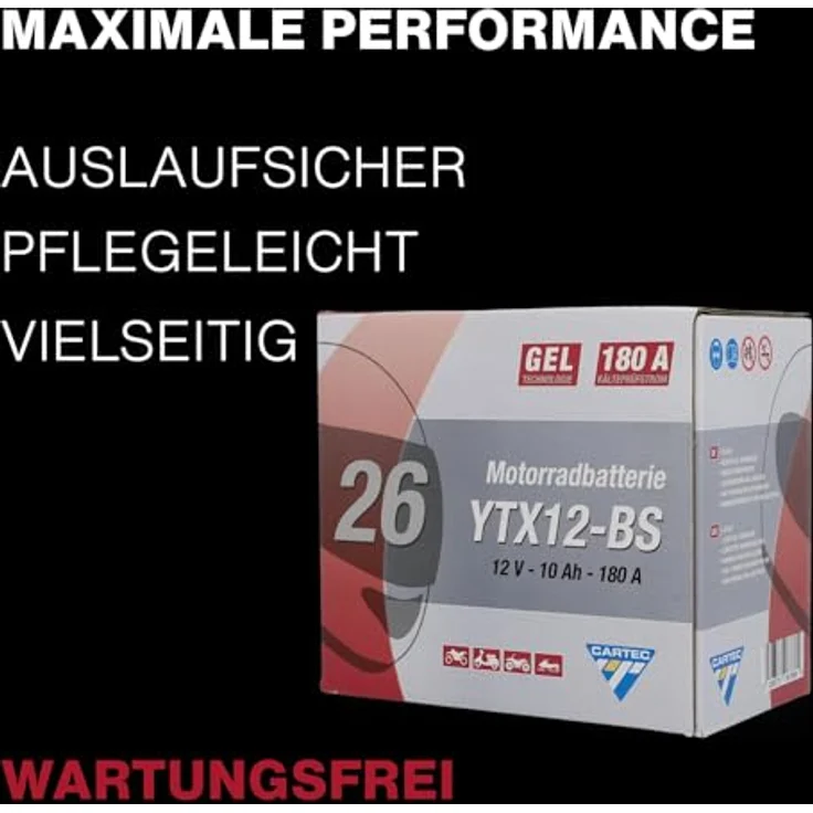 Cartec GEL Batterie YTX12-BS, 12Ah 240A, wartungsfreie Motorradbatterie mit auslaufsicherer Gel-Technologie – Bild 4