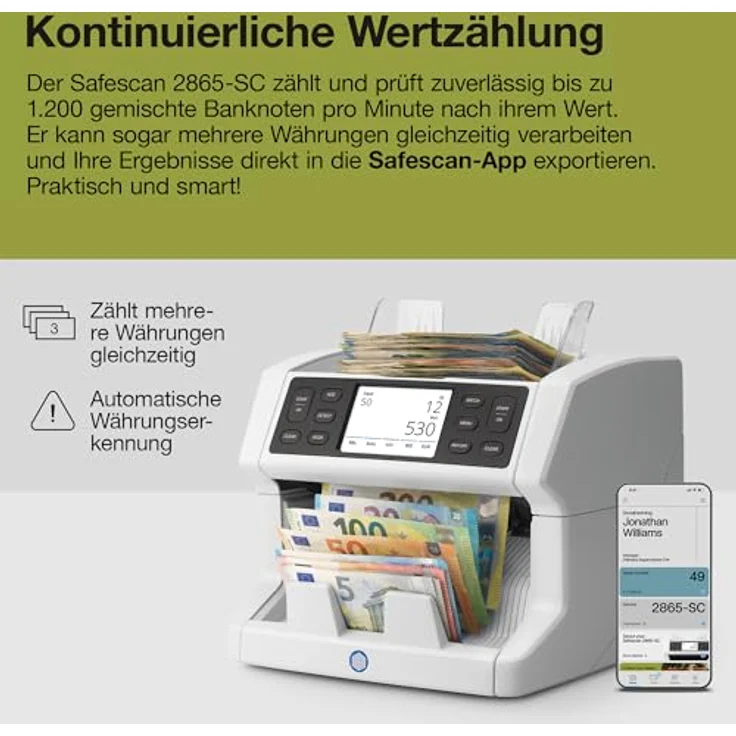 Safescan Banknotenzähler 2865-SC, 100% Falschgelderkennung, bis zu 1.200 Banknoten/min, inkl. Bluetooth App – Bild 3