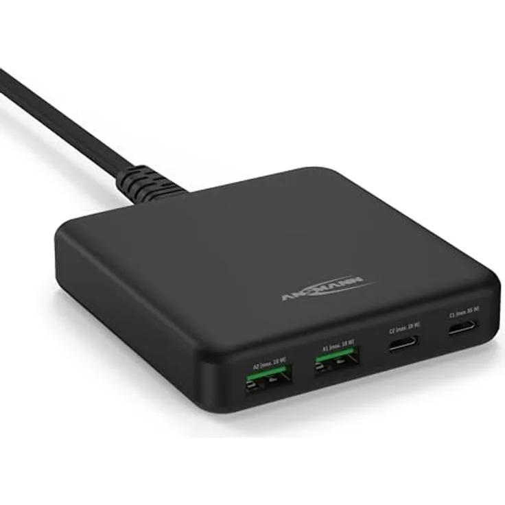 ANSMANN USB Ladegerät 65W 4 Ports Charger, USB-C/USB-A Mehrfach Schnelladegerät für iPhone/Samsung/Google/Xiaomi/Huawei/Laptop und weitere Geräte