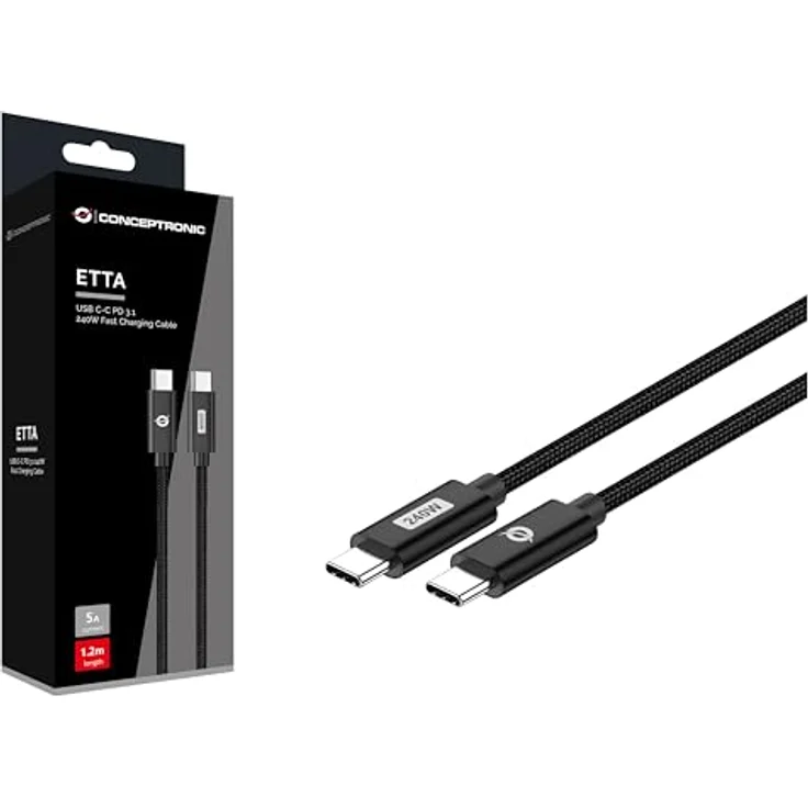 Conceptronic ETTA03B20 USB-C Kabel, 2m, 5A, 480Mbps, geflochten, schwarz – Bild 3
